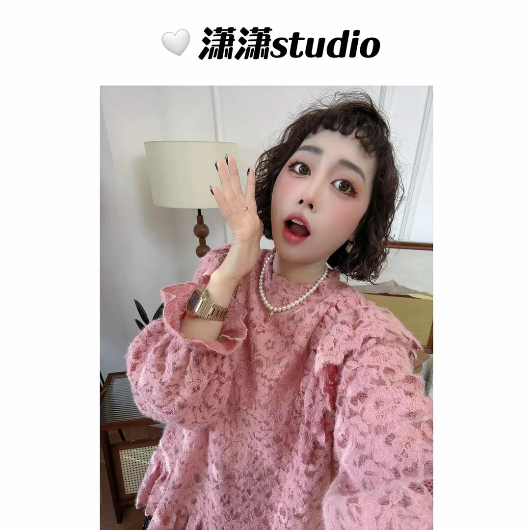 【水蜜桃】【大身有里衬】潇潇毛绒蕾丝泡泡袖拼下摆打底衫XS2306