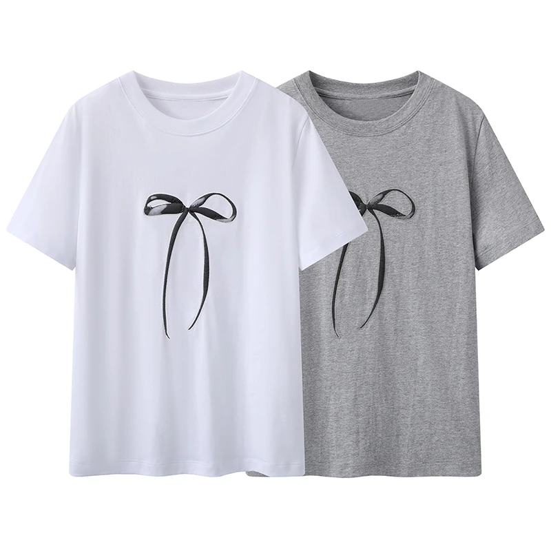 【婉月】新品百搭宽松气质蝴蝶结印花圆领短袖T恤休闲上衣女X2769
