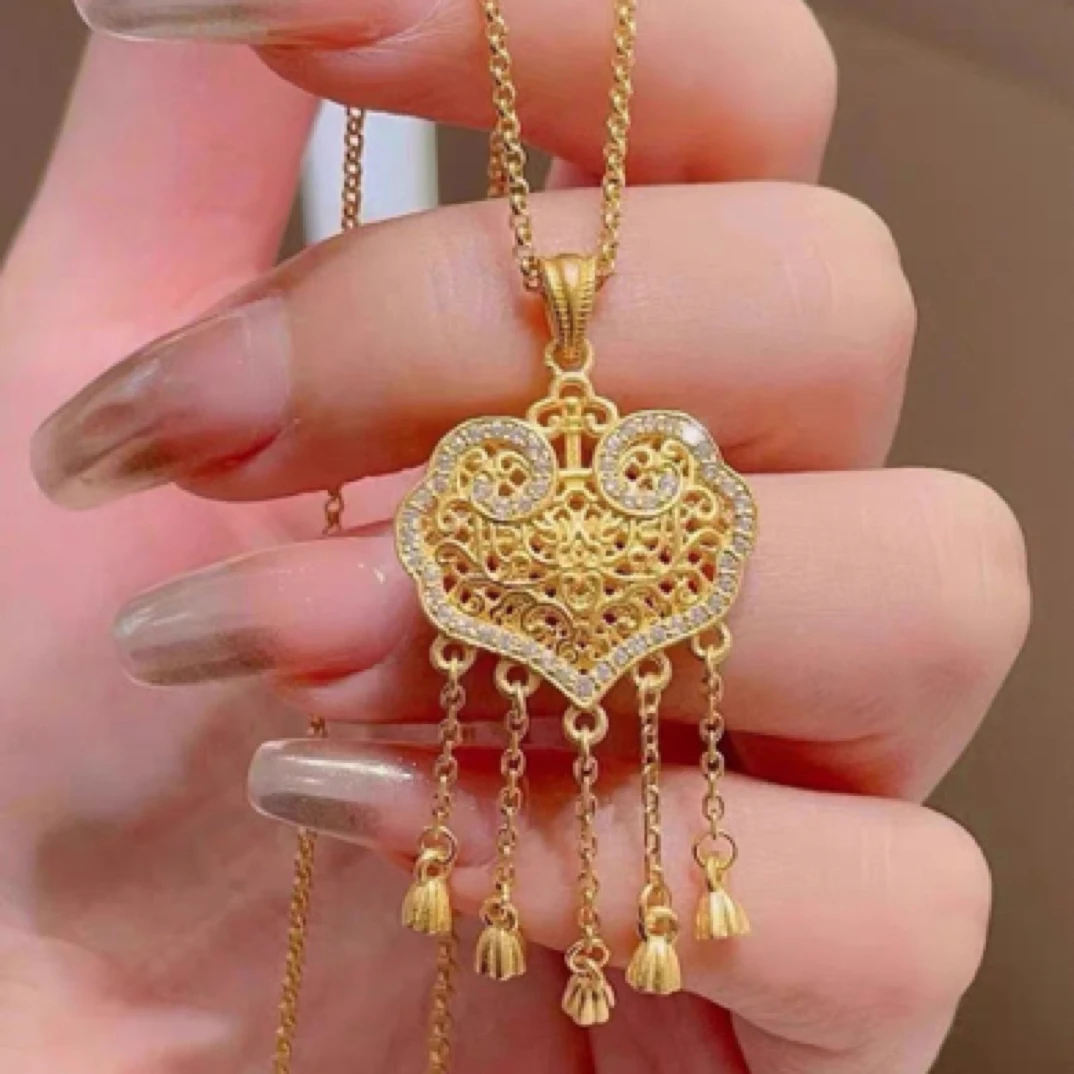 钛钢项链 古法传承璎珞锁心形流苏镂空平安锁长命锁包精致灵动