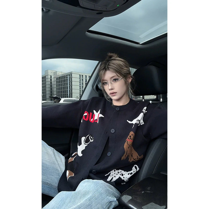 复古趣味小狗毛衣开衫男女2025秋季外套慵懒风卫衣情侣针织衫上衣