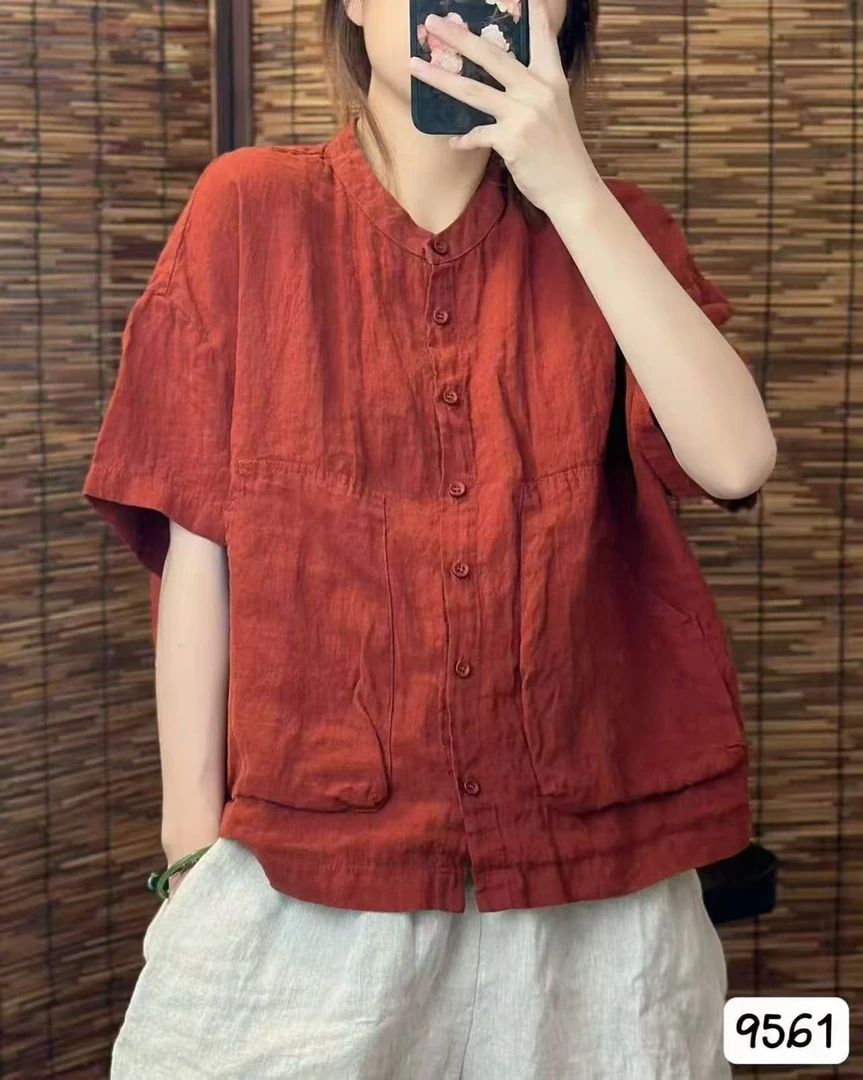 9561酵素水洗麻大口袋衬衫外套宽松