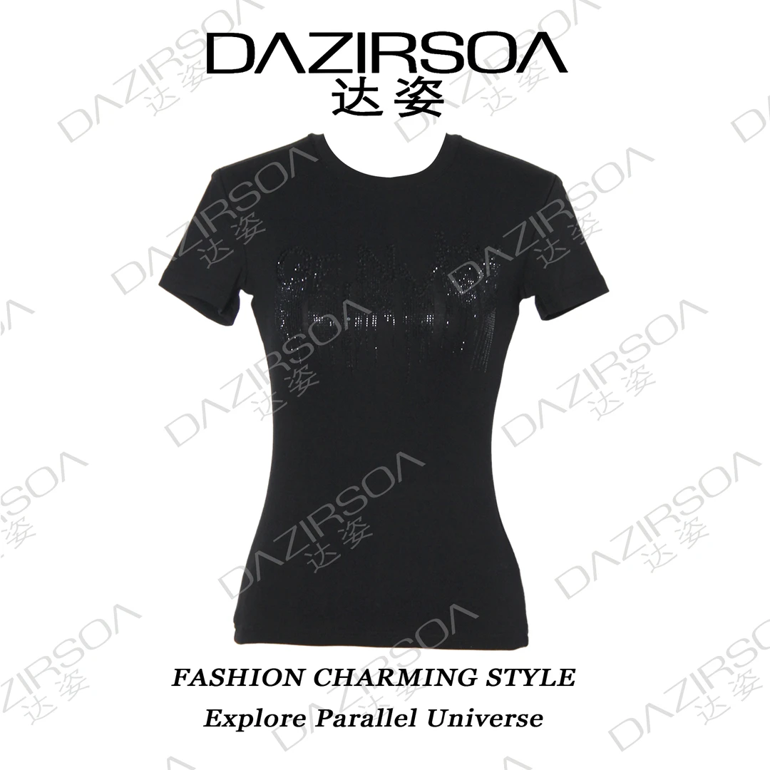 DAZIRSOA/达姿"银河尽头" 烫钻印花短袖修身上衣 P565