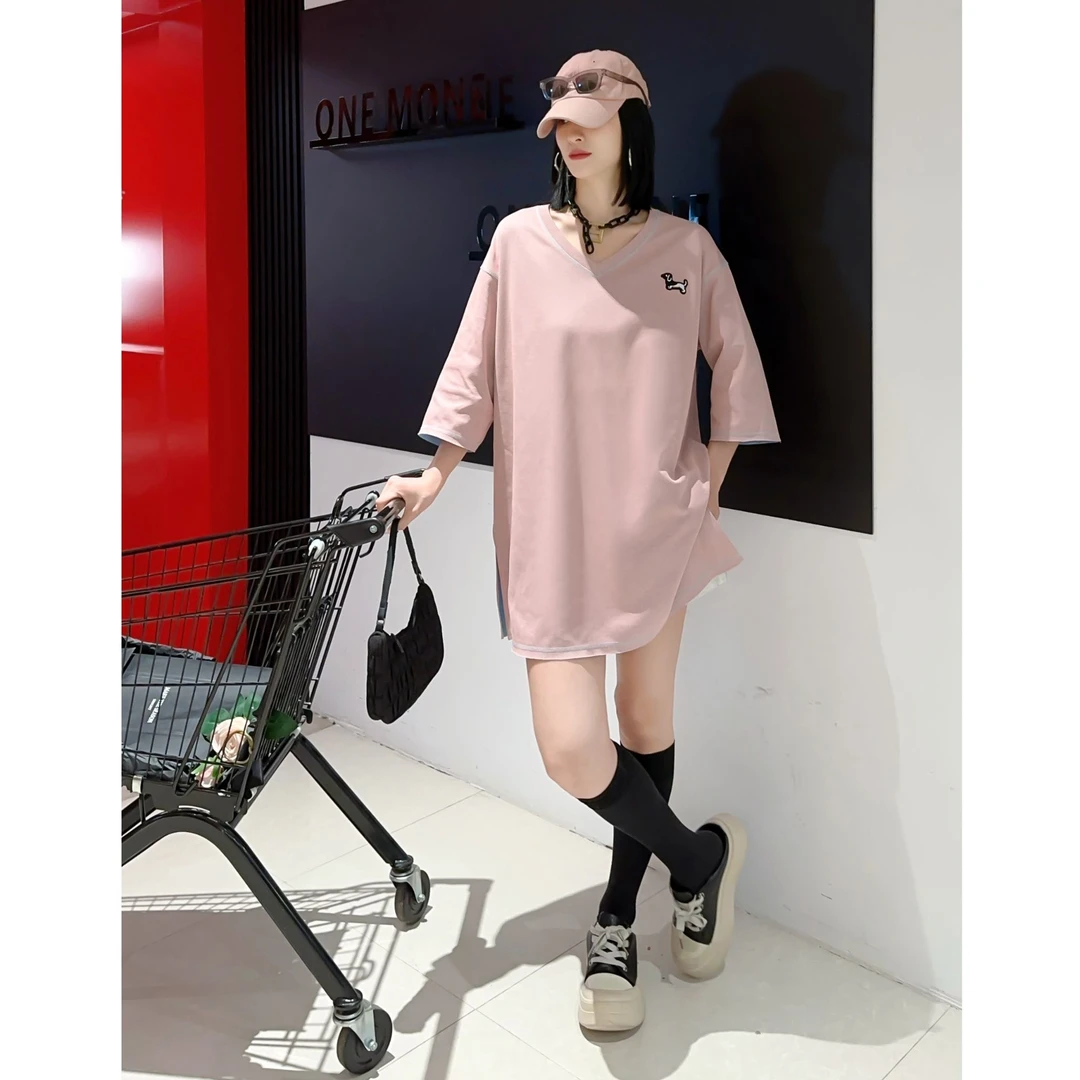 8135v领短袖t恤女2025夏季大码胖mm宽松韩版原宿风体恤