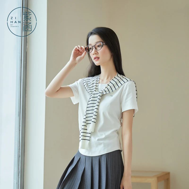 紫涵白色正肩修身T恤腰侧抽皱显瘦圆领短袖Z4Z04JS702