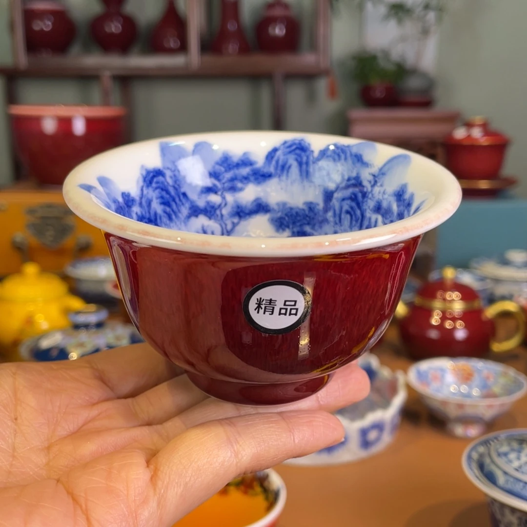清欢雅玩原矿郎红内绘青花山水压手杯