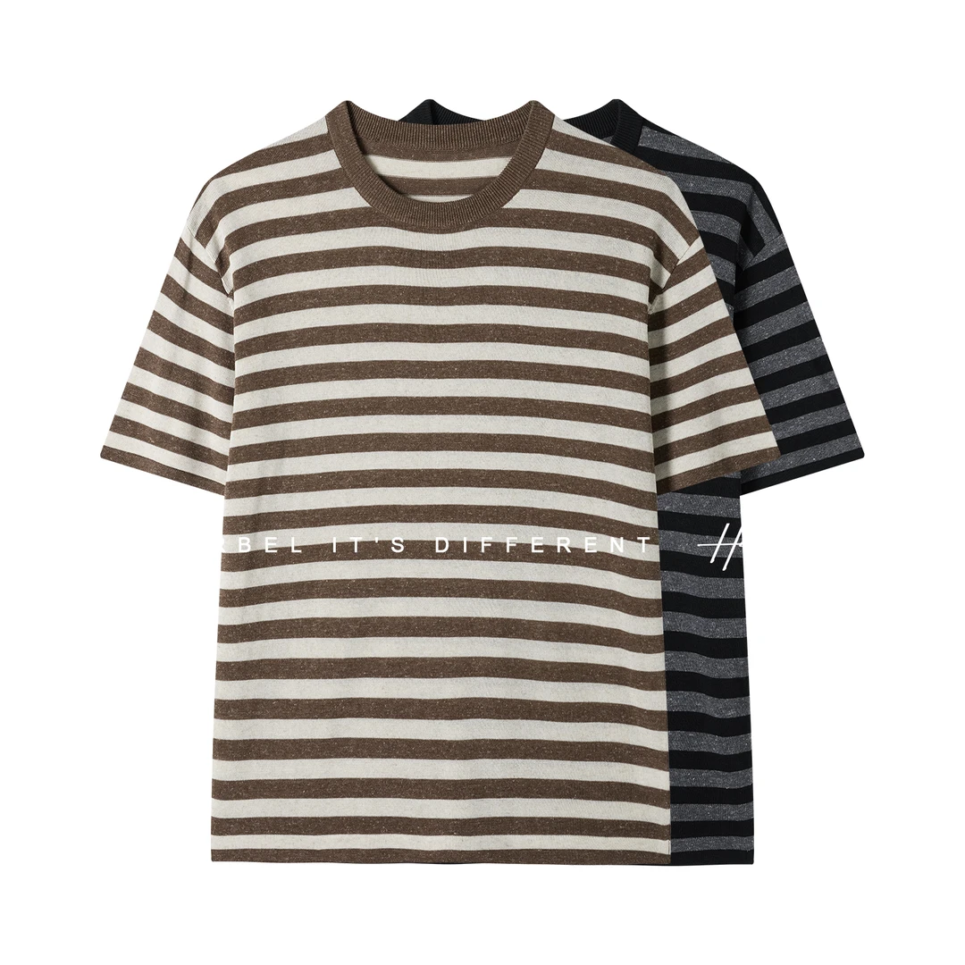 短袖针织T恤商务拼色夏季条纹复古圆领休闲百搭上衣