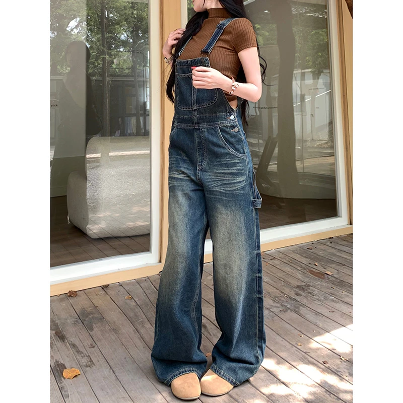 慵懒休闲做旧蓝牛背带裤女2025秋季新款宽松显瘦垂感百搭拖地长裤