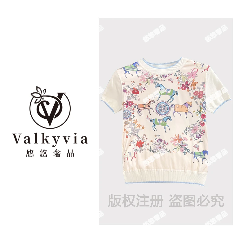 【Valkyvia/悠悠奢品】千里马 名媛轻奢桑蚕丝印花拼接针织套头衫女