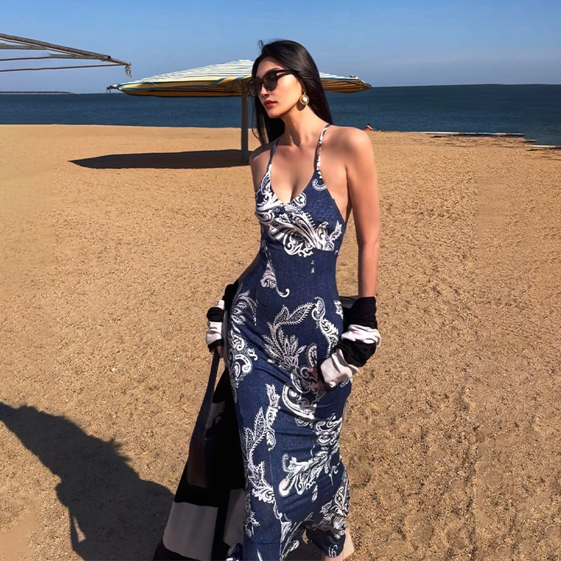 夏季新款吊带鱼尾裙中国风凤尾纹长裙复古沙滩裙收腰显瘦印花裙