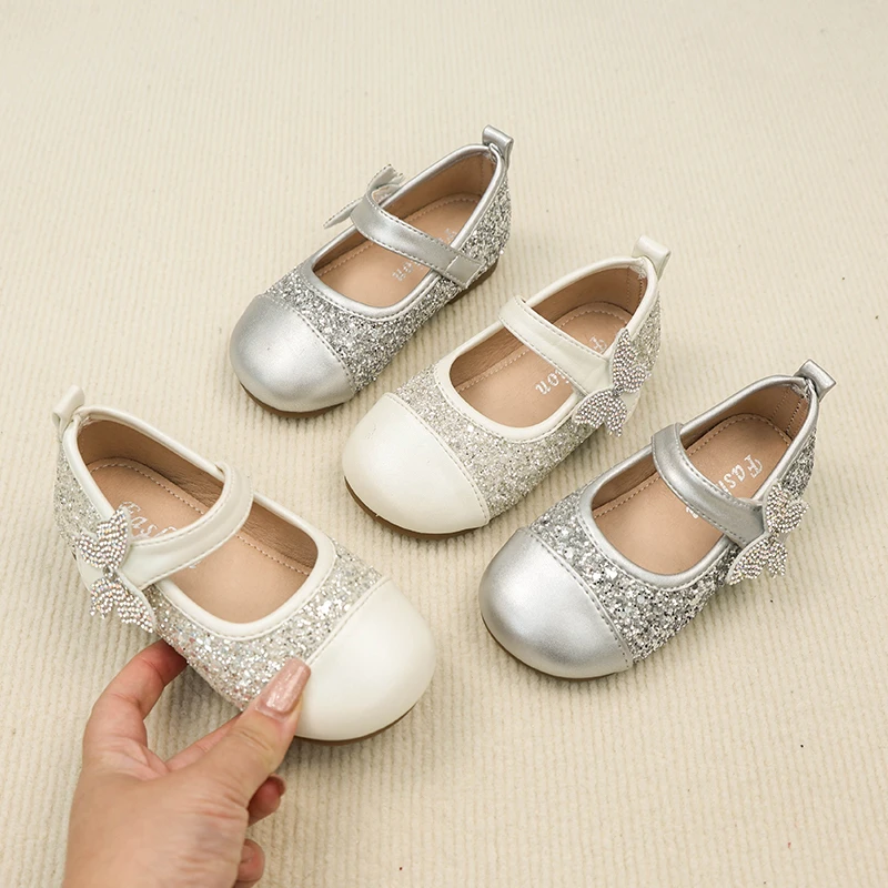 木西糖糖春秋新款女童公主鞋宝宝小皮鞋软底银色水晶鞋单鞋10103