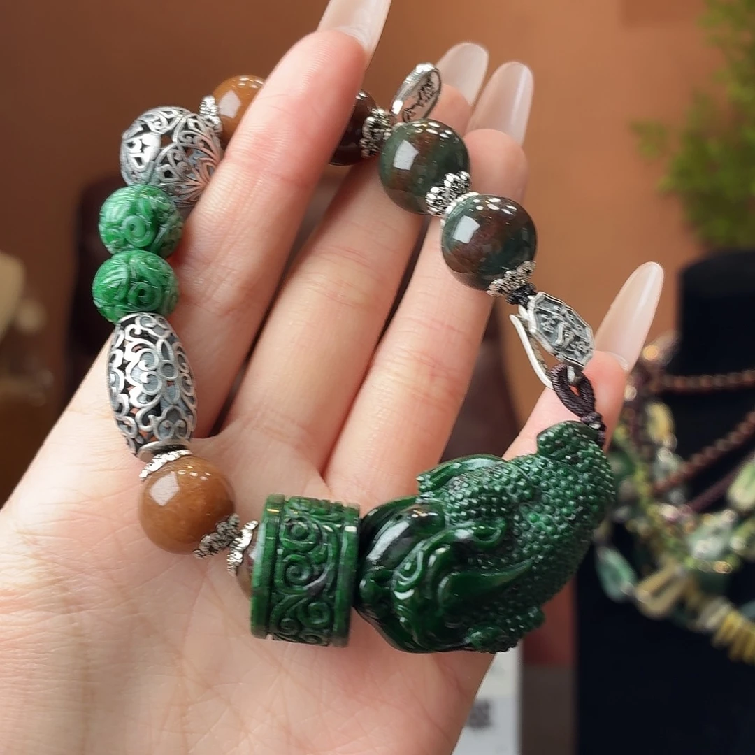 翡翠银S925镶嵌耳饰手串