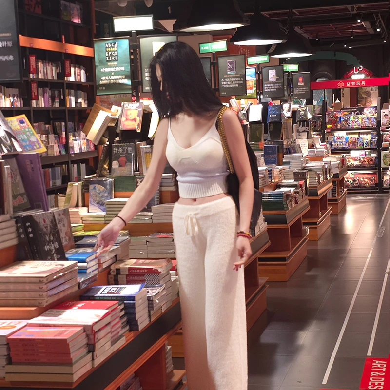 【ASKYO】奶fufu软糯水貂绒阔腿裤宽松针织直筒裤显瘦松紧腰阔腿裤