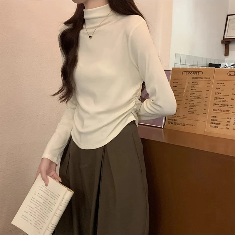 半高领修身德绒长袖打底衫秋冬设计感褶皱内搭修身保暖上衣T恤