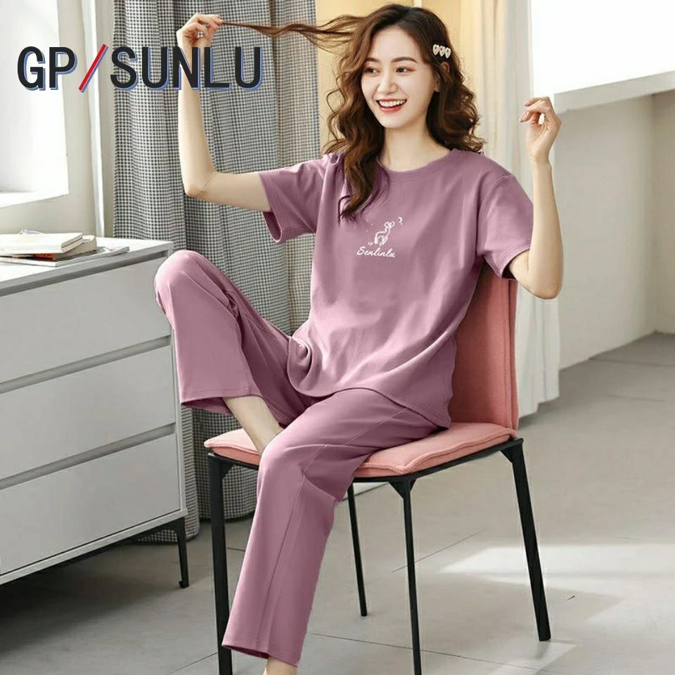 日本小众GP睡衣女夏季棉质套头短袖长裤简约宽松舒适薄款家居服套