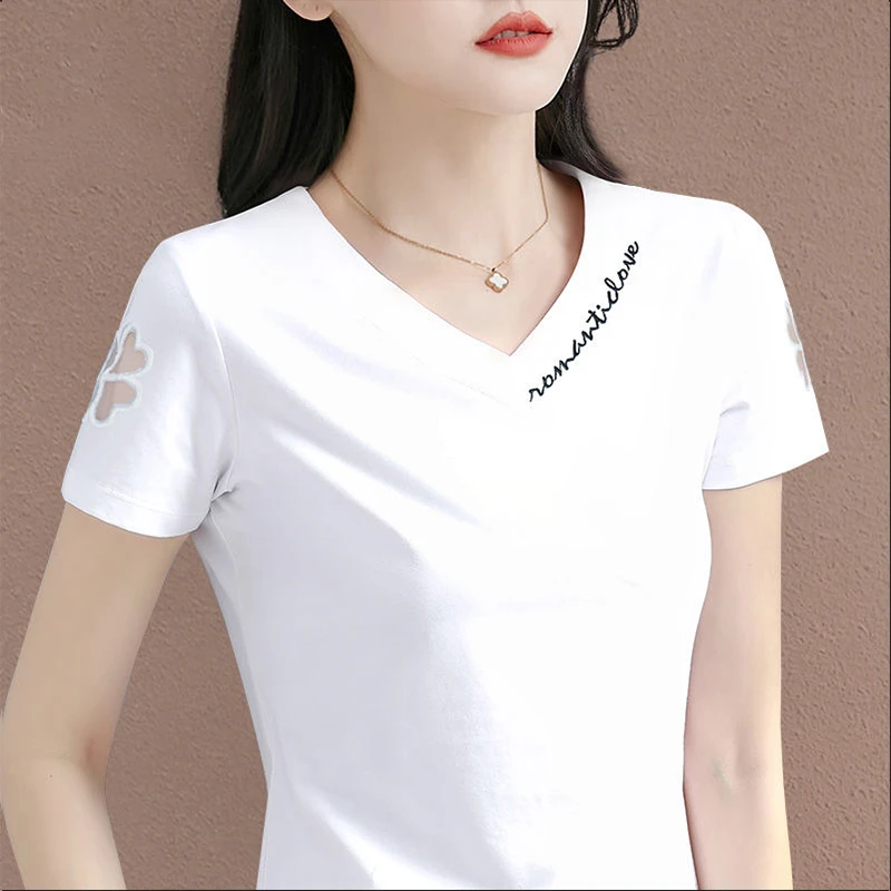 白色v领短袖t恤女款2025新款爆款显瘦上衣0-50岁洋气时髦妈妈装