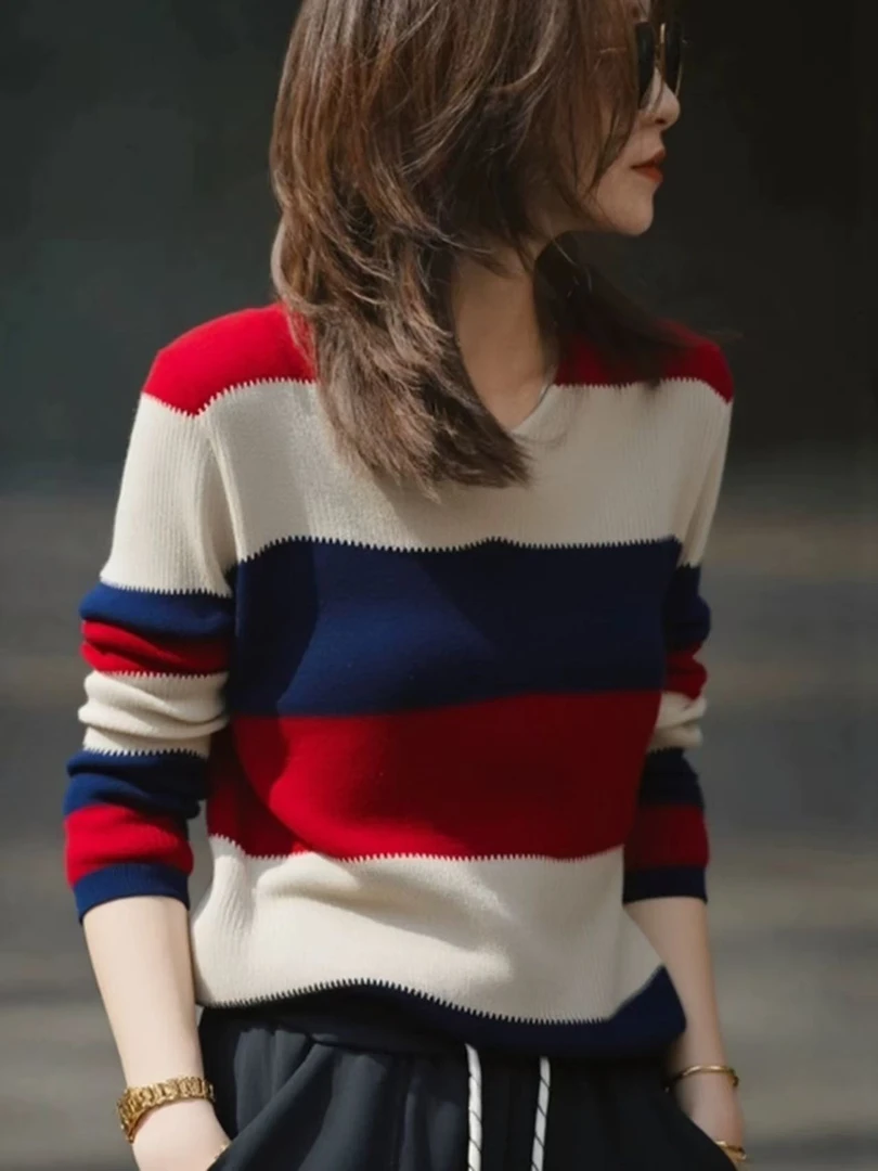 复古休闲百搭撞色条纹时尚上衣春秋女士宽松针织秋季长袖女