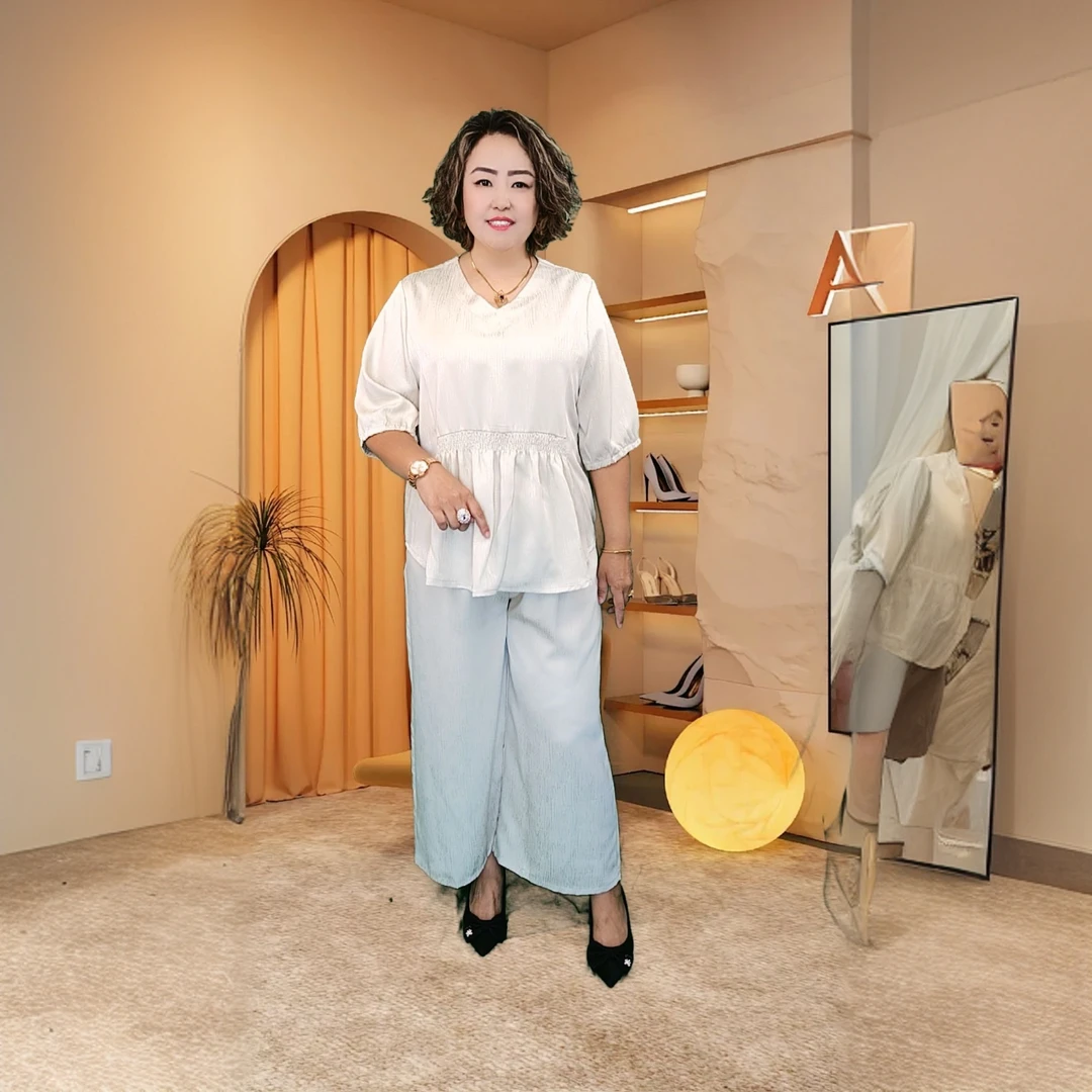 极简风短袖时尚套装慵懒风女装纯色长裤圆领春夏阔腿裤套装