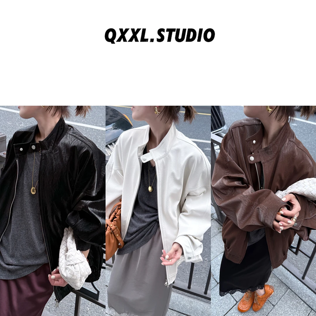 邱小小丽呀 秋季新款简约立领飞行皮夹克休闲百搭宽松高级感外套