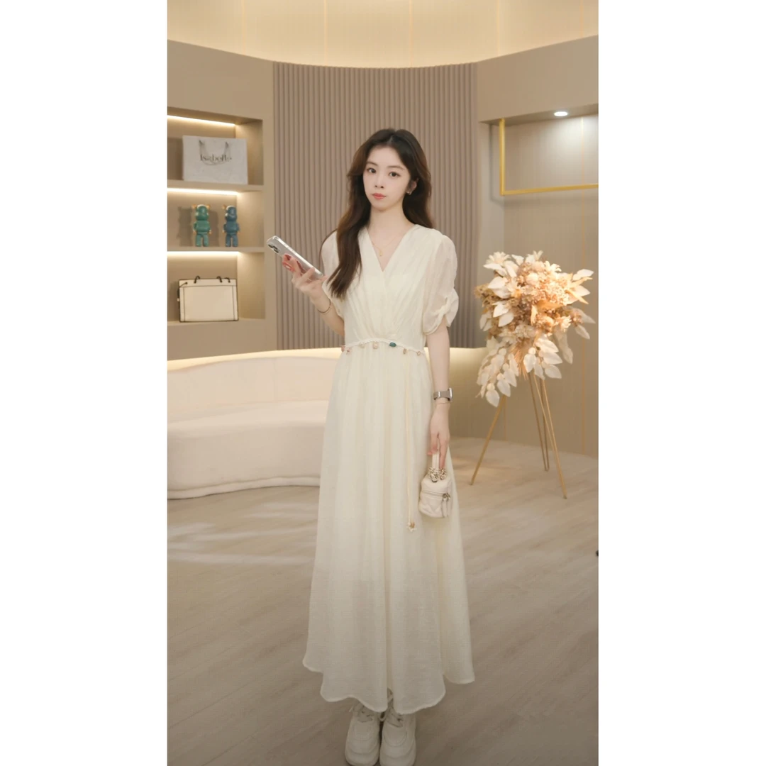 夏天流行新款连衣裙高端时尚气质休闲显瘦V领慵懒风裙子女L1382