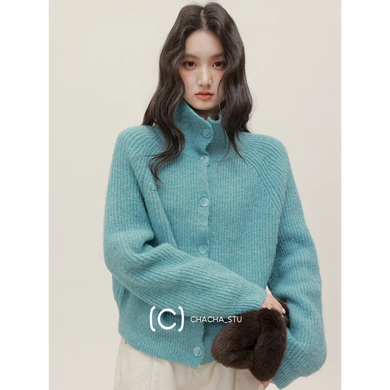 CHACHASTU 法式复古高领毛衣外套女秋冬蓝色马海毛针织上衣F25156