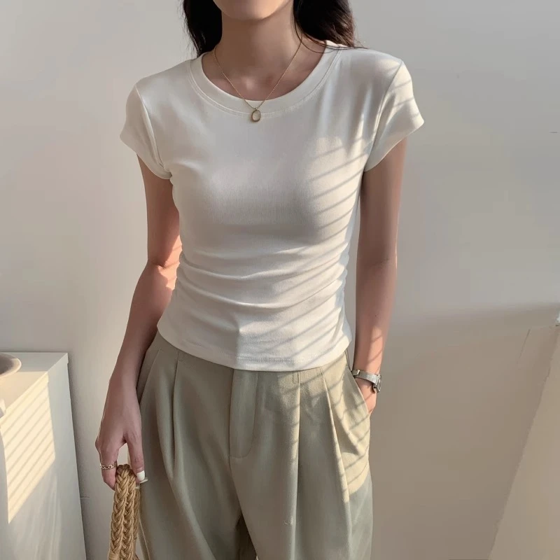 简约圆领短款短袖t恤女夏季2025新款设计感小众正肩高腰收腰上衣