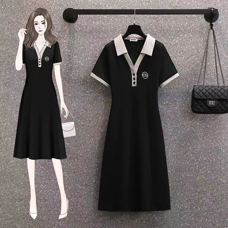 polo翻领连衣裙女2023夏季刺绣洋气减龄显瘦大码中长款a字裙子