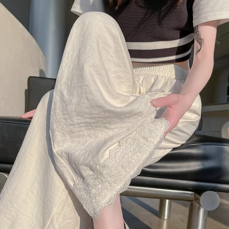 奶芙冰丝山本阔腿裤女春季松紧腰宽松直筒裤设计感蕾丝花边休闲裤