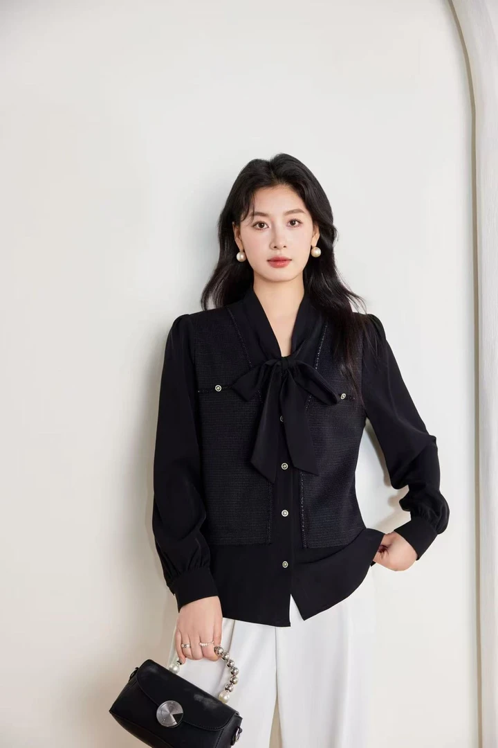 新款V领系带假两件拼接长袖衬衫9172