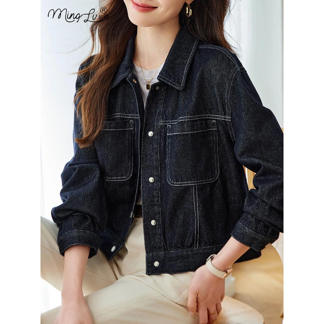 时尚牛仔短上衣女式长袖2025春秋季新款洋气小叠右肩覆古翻领上衣