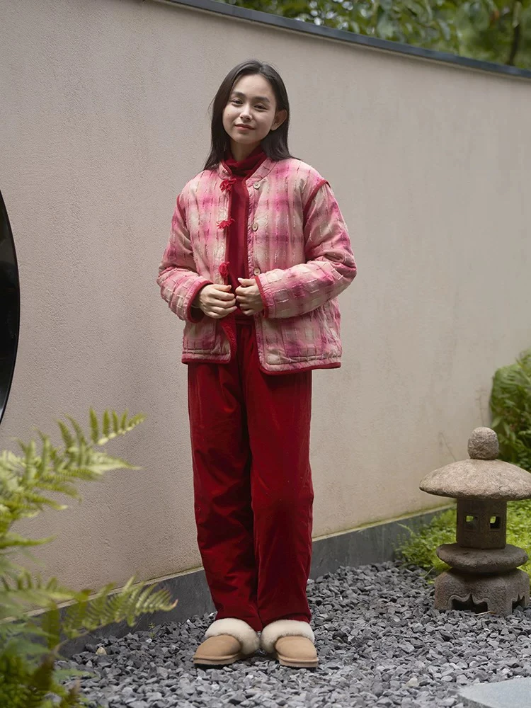 朵朵可可睡衣女2025冬季纯棉加厚三层夹棉格子立领复古家居服套装