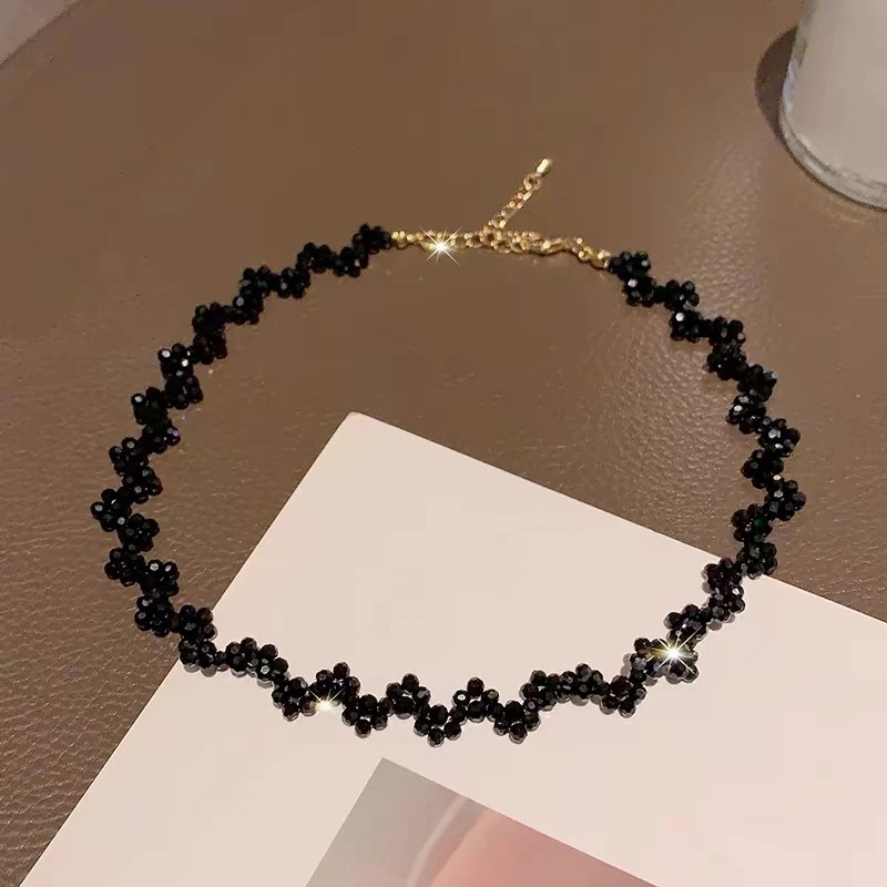 铜合金项链 黑色亮晶晶波浪颈链锁骨链高级感小众潮网红