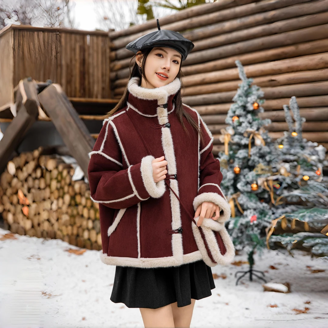 中大童女童外套2024冬季韩版加厚皮毛一体年款拼接毛边红色外套