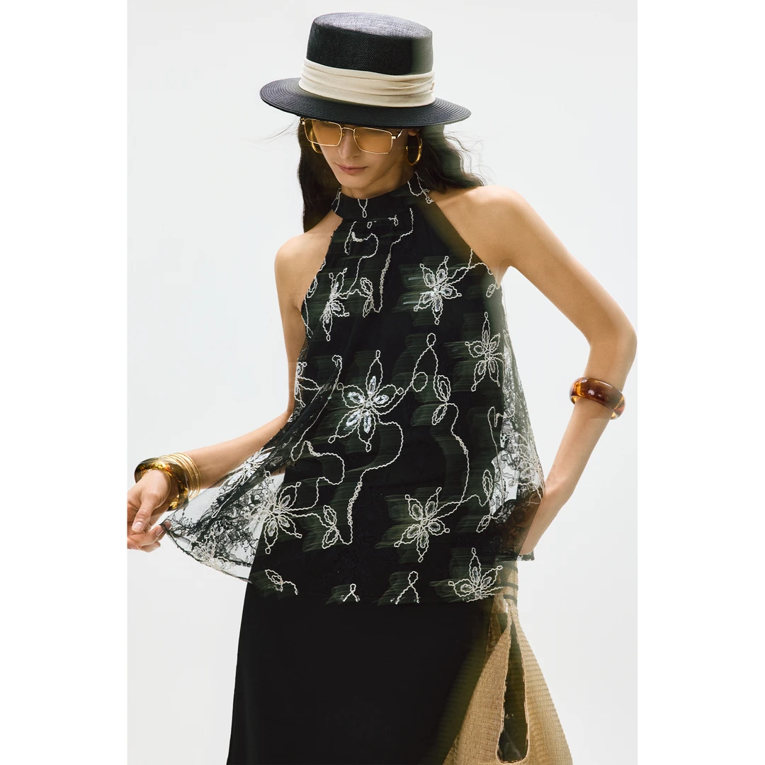 ANNASPEAK南法假日 灵动飘逸重工刺绣蕾丝亮片绣花挂脖无袖上衣夏