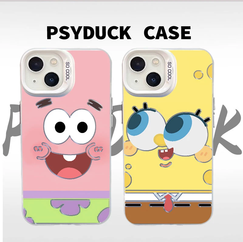 适用苹果华为一加小米镂空海绵宝宝彩银白底卡通动漫防摔手机壳