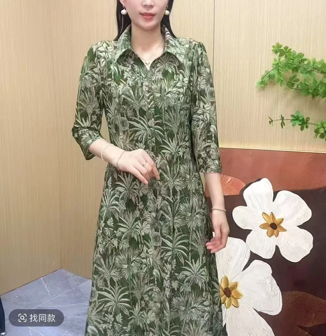 高档气质七分袖时尚碎花夏季连衣裙中老年新款妈妈显瘦中长款裙子