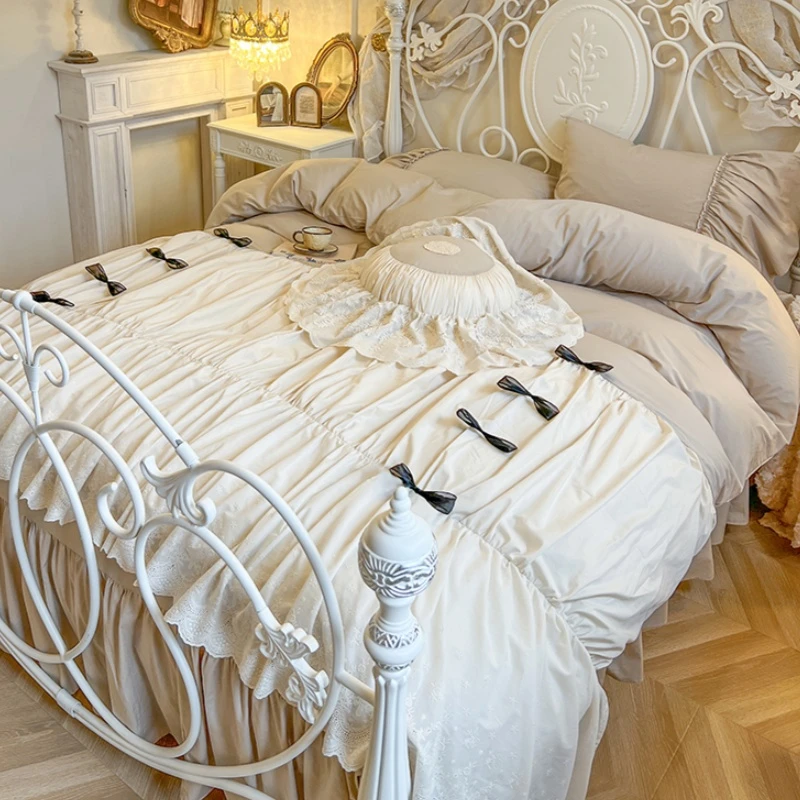 法式蝴蝶结少女奶油全棉床上四件套公主风荷叶花边被套纯棉床裙款