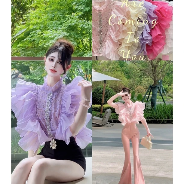 郁儿baby【星沙涟漪千金套装】气质名媛荷叶边蕾丝水钻设计感套装