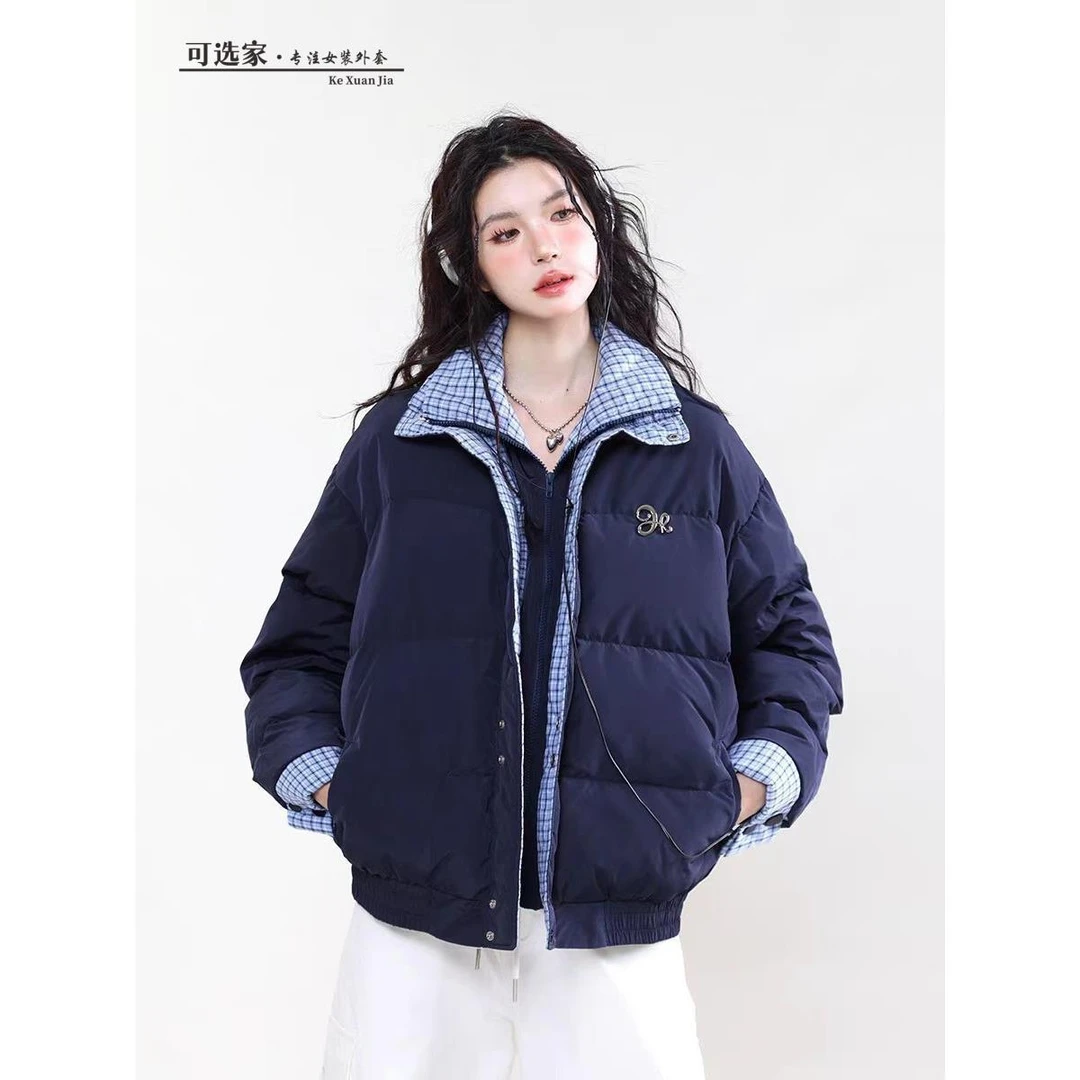 冬季新款潮牌设计感双层领格子拼接棉服女宽松面包服棉衣加厚外套