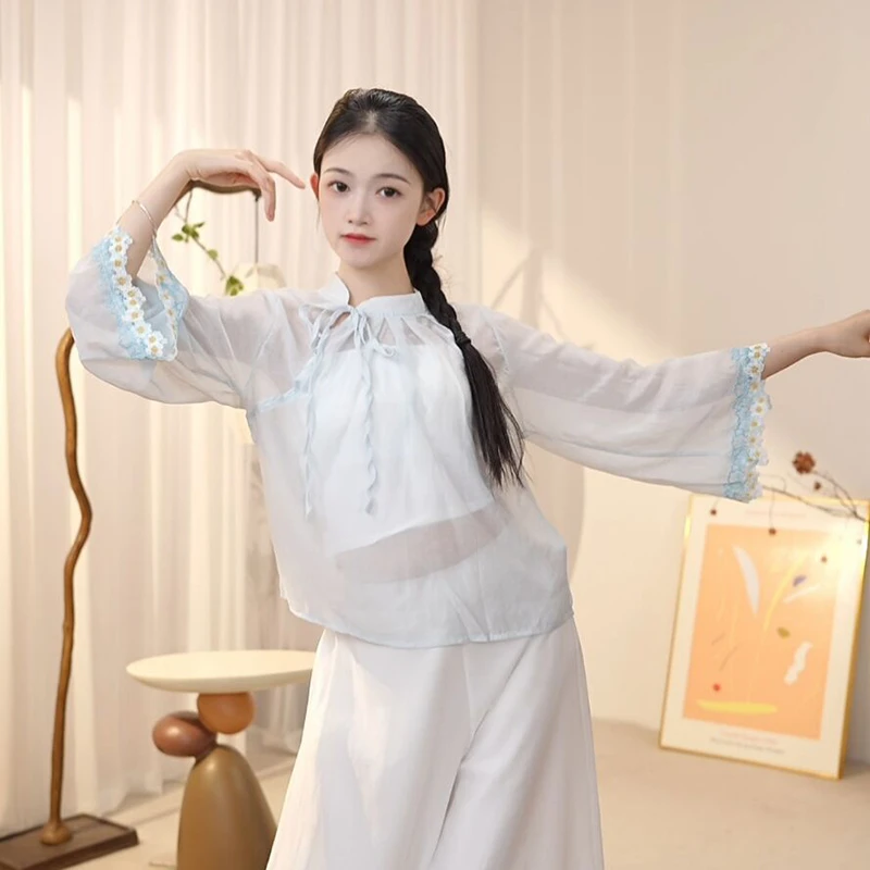 舞蹈服女宽松系带繁花袖古典舞练功飘逸纱衣中国现代舞形体演出服