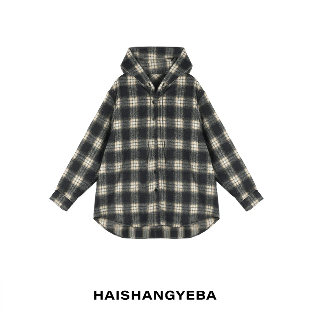 【海上叶爸】新款2025春秋百搭涤纶宽松连帽通勤休闲格子外套