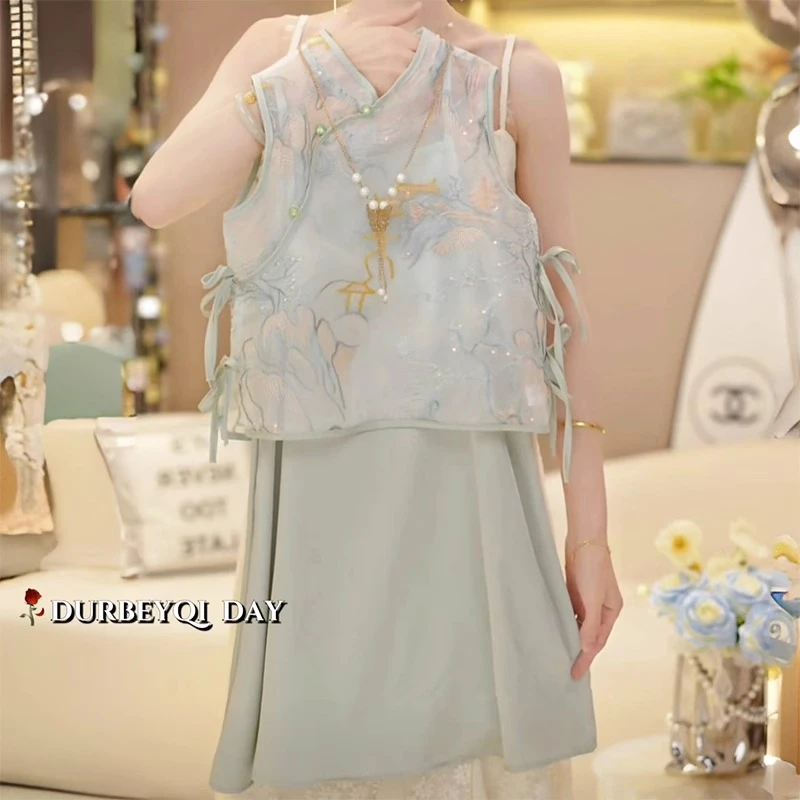 女童国风汉服套装夏季2025新款儿童新中式夏装女孩盘扣马甲两件套