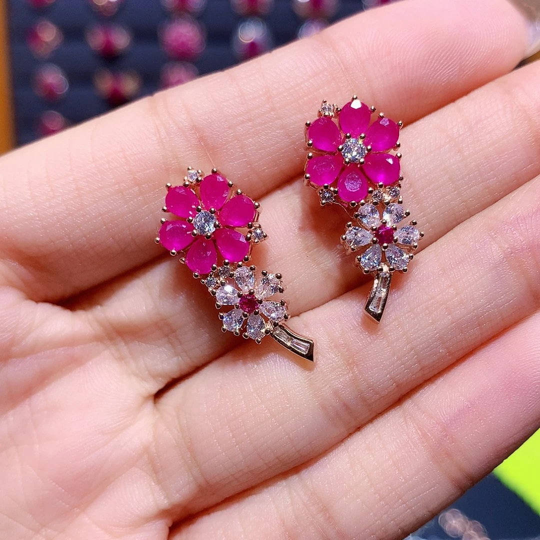 耳饰银S925镶嵌红宝石