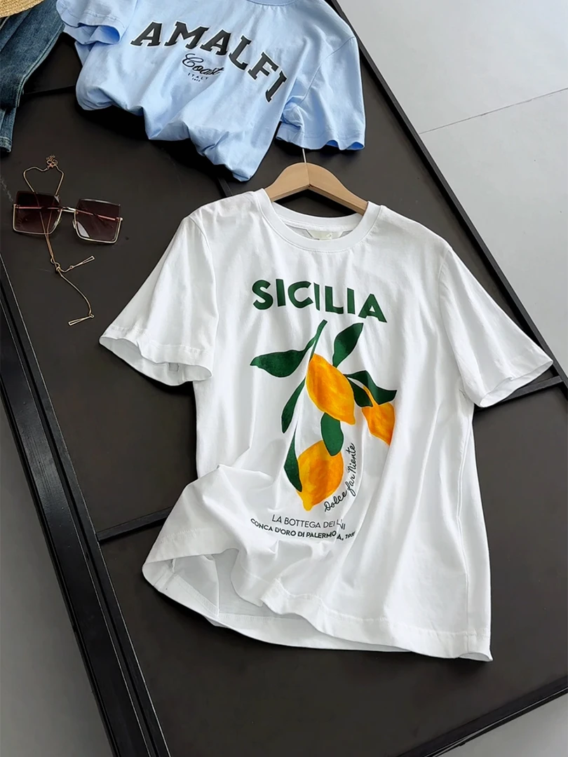 高级感柠檬印花T恤女中长款宽松质短袖上衣2025夏季新款情侣装