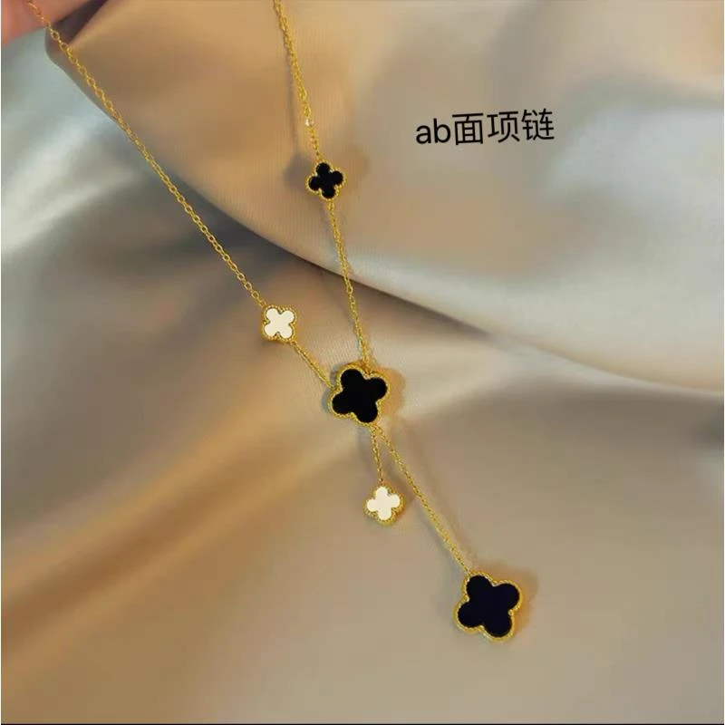 铜合金吊坠 高版本《双面》钛钢不掉色轻奢流苏气质四叶五花项链