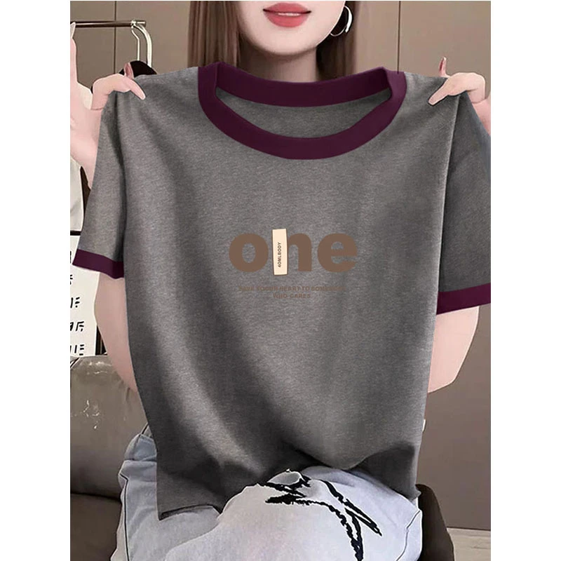 2025新款夏季正肩圆领撞色领短袖t恤女设计感时尚百搭深灰色上衣