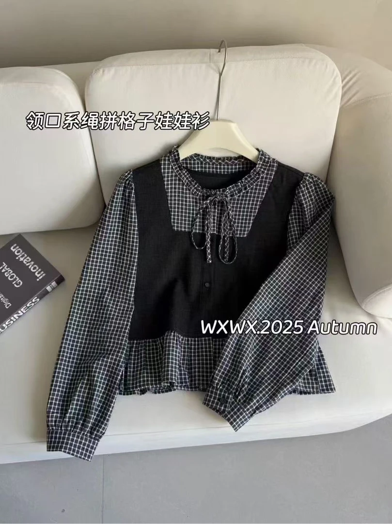 复古减龄格子拼接系带衬衫8608