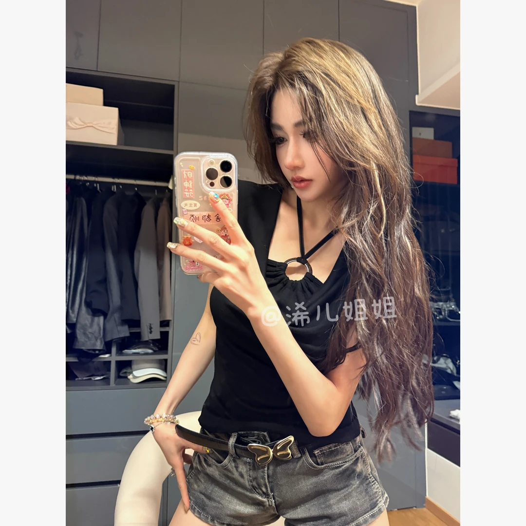 挂脖假两件一字肩短袖t恤