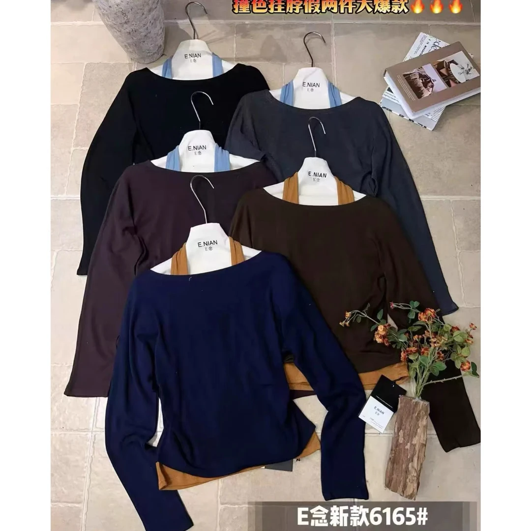 E念6165纯欲辣妹风挂脖一字肩假两件长袖T恤早秋新款收腰显瘦上衣