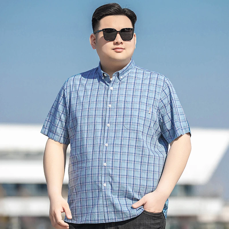 大码休闲格子衬衫男短袖夏季莱赛尔棉胖子宽松透气衬衣加肥加大