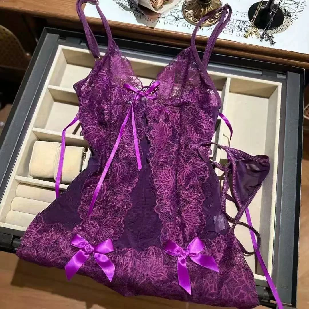 2024轻奢性感睡衣修身气质韵味紫蕾丝绑带性感吊带睡裙夏季连衣裙